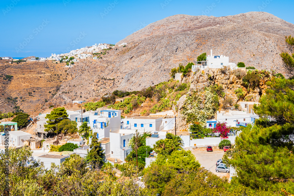 View of houses in Lagada village and mountains, Amorgos island, Cyclades, Greece