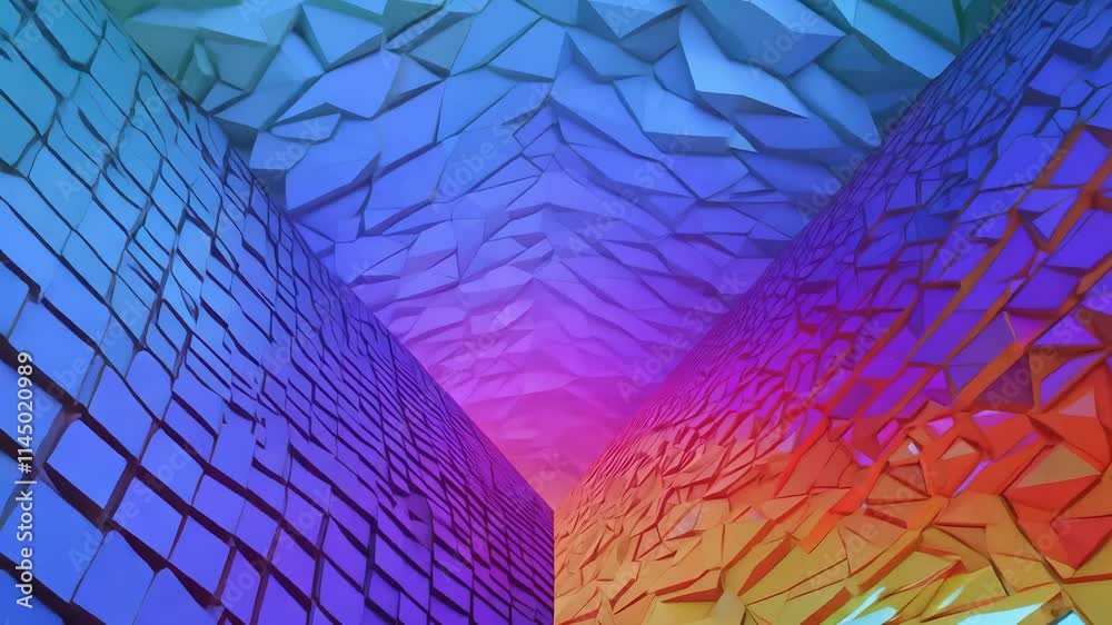 Camera tracks backward to reveal vibrant space with rainbow colors, cubes, hexagons, cylinders