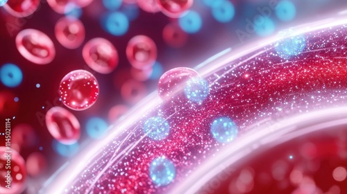 Glowing red and blue molecules interact in bloodstream, illustrating drug absorption and distribution processes in a vibrant, abstract representation