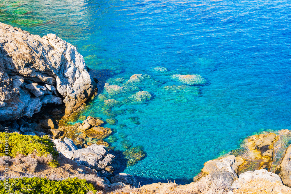 Amazing sea coast near Agia Anna beach, Amorgos island, Cyclades, Greece