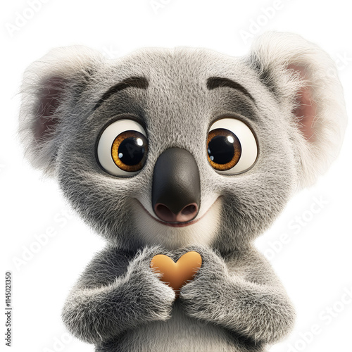 Cute Koala Holding Heart Love Affection Wildlife Animal Cartoon Character 3D Render PNG Transparent Background Adorable Mammal Australian Marsupial Valentines Day Greeting Card Design Element photo