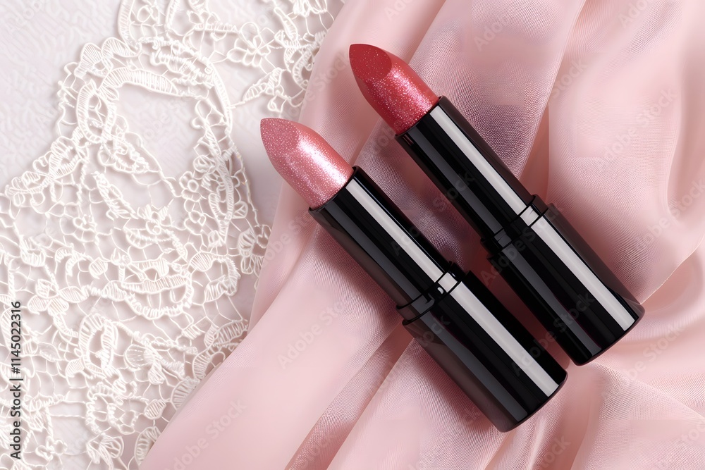 Obraz premium Two pink lipsticks on delicate lace and satin fabric background. Feminine beauty flat lay composition for makeup and cosmetic branding.