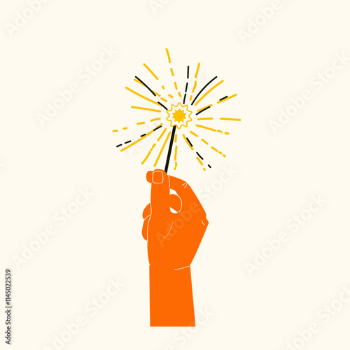 Hand holds a sparkler. Celebrating event. New Year, Christmas Birthday party. Modern flat vector elements. Human hand holds bengal lights. Greeting card, poster, sticker, design element