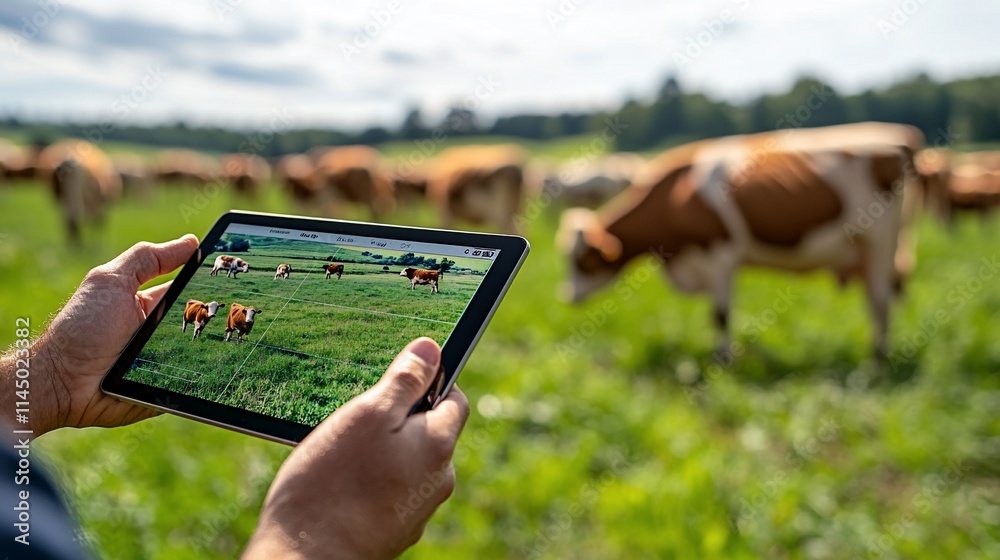 Farmer using tablet to monitor cows in pasture. Farmer using tablet to monitor cows in pasture.