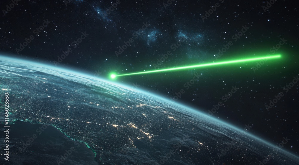 Obraz premium Green Laser Beam Shooting from Earth into Space with Stars in Background