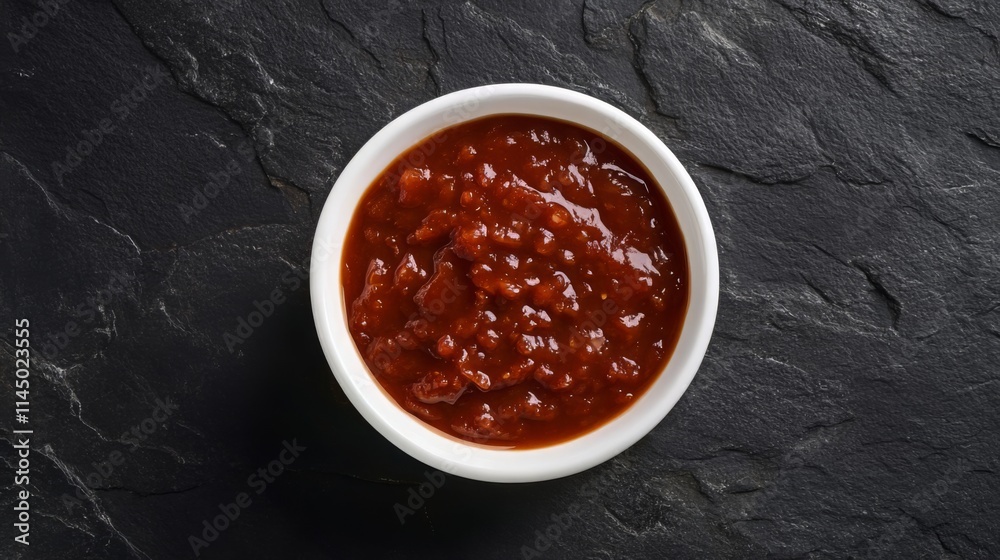 Rich Tomato Sauce in a White Bowl on Dark Stone Surface Rich Tomato Sauce in a White Bowl on Dark Stone Surface