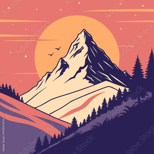 Minimalist mountain sunset design.