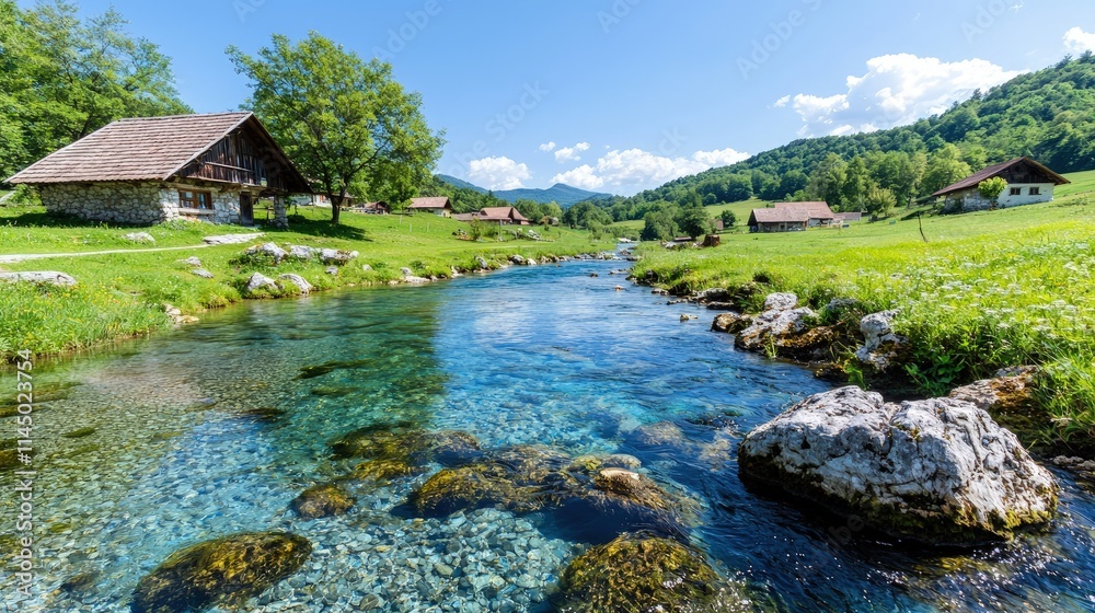 Crystal clear river flowing through idyllic village. Crystal clear river flowing through idyllic village.