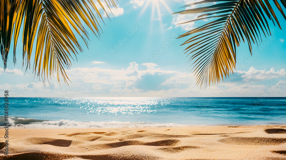 Obraz premium Summer scene with a tropical beach framed by sunlight and palm leaves, evoking vacation vibes.