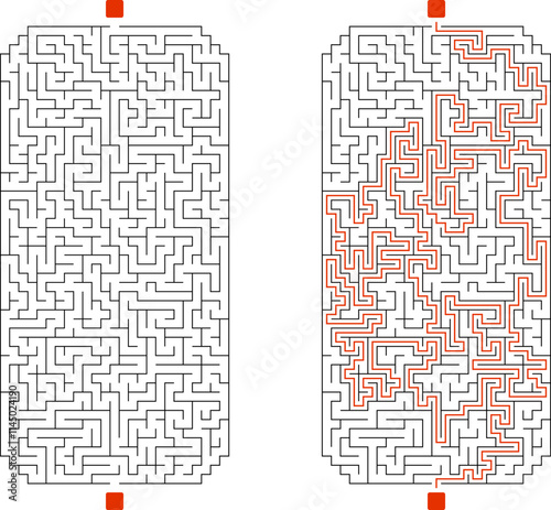 Big vertical rectangular labyrinth with cropped corners. Maze of high complexity with solution. Black and white hard riddle with high level of difficulty. Nice brainstorm puzzle