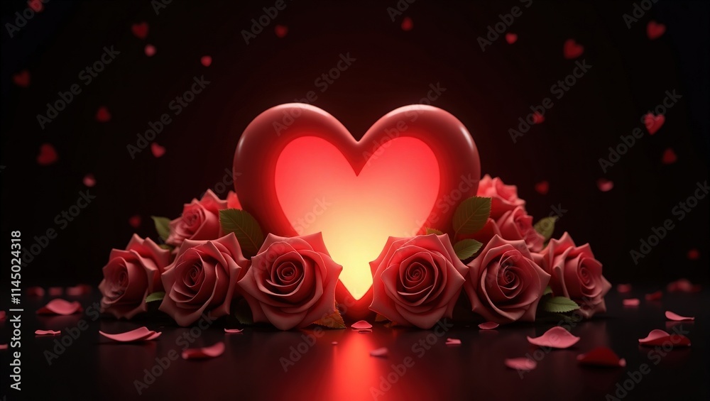 Escena de amor con corazón luminoso y rosas rojas sobre fondo oscuro. Tarjeta elegante para san Valentín Escena de amor con corazón luminoso y rosas rojas sobre fondo oscuro. Tarjeta elegante para san Valentín