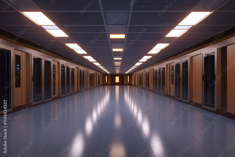 Data center corridor with rows of servers and illuminated hallway at night Data center corridor with rows of servers and illuminated hallway at night