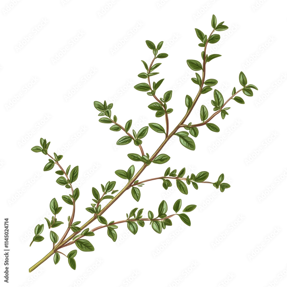 Thyme Sprig with Delicate Leaves, Vibrant green herb, perfect for culinary use, graphic design, or botanical illustrations, transparent background Thyme Sprig with Delicate Leaves, Vibrant green herb, perfect for culinary use, graphic design, or botanical illustrations, transparent background
