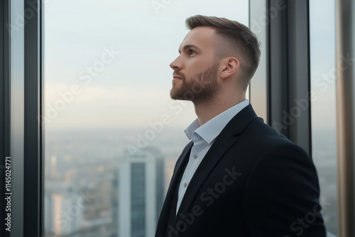 Man in suit gazing out city skyline from high-rise office building during daytime