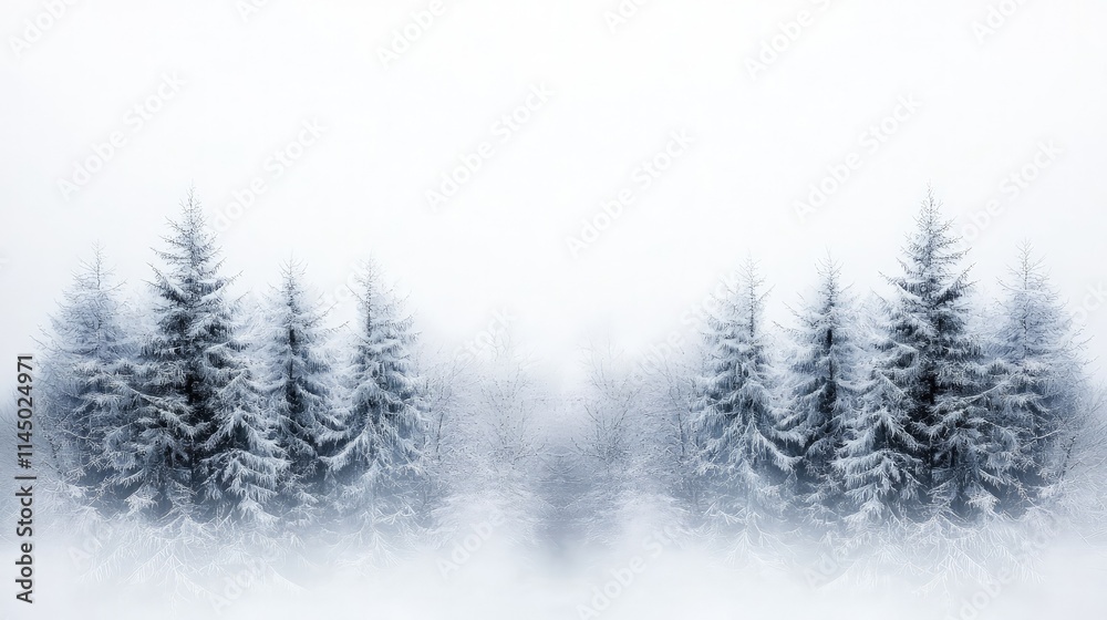 Snowy forest landscape in winter fog. Snowy forest landscape in winter fog.