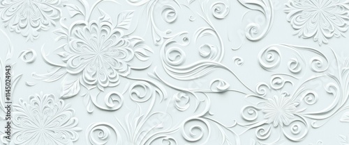 Intricate white floral pattern, embossed texture, delicate swirls and curves, detailed relief design, ornate wallpaper style, baroque-inspired motif, seamless repeating pattern, subtle shadows, elegan
