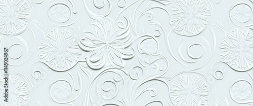 Intricate white floral pattern, embossed texture, delicate swirls and curves, detailed relief design, ornate wallpaper style, baroque-inspired motif, seamless repeating pattern, subtle shadows, elegan