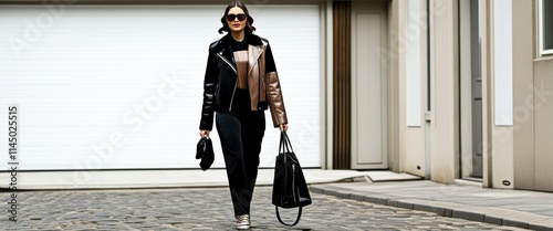 Business professional, walking confidently, corporate hallway, leather briefcase, dark suit, sunglasses, dramatic lighting, wide angle shot, high contrast, sleek modern interior, cinematic style, powe photo