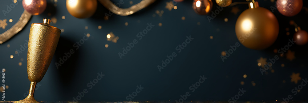 Fototapeta premium A party and celebration theme featuring a golden prop against a dark colored background adorned with ornaments._00002_