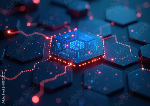 hexagonally shaped tech background rendering network connection dark design