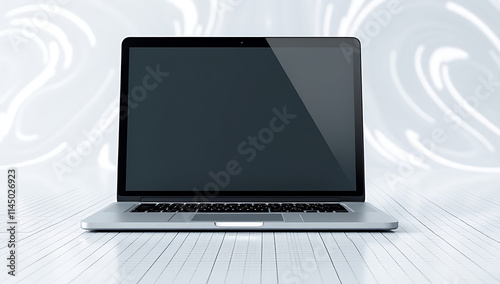 A modern laptop sits idle on a graph background, its blank screen an uninviting sight amidst the swirling patterns._00001_ photo