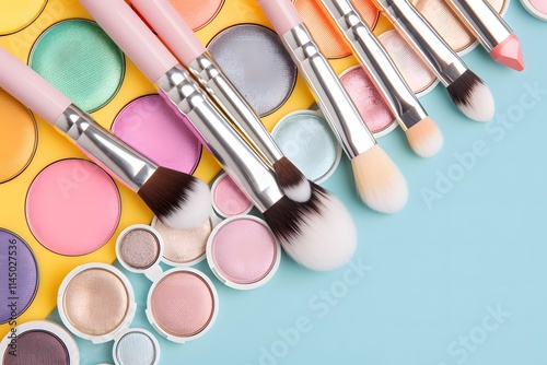 Professional makeup brushes and vibrant eyeshadows on pastel yellow and blue background. Creative flat lay composition for cosmetics and beauty branding.