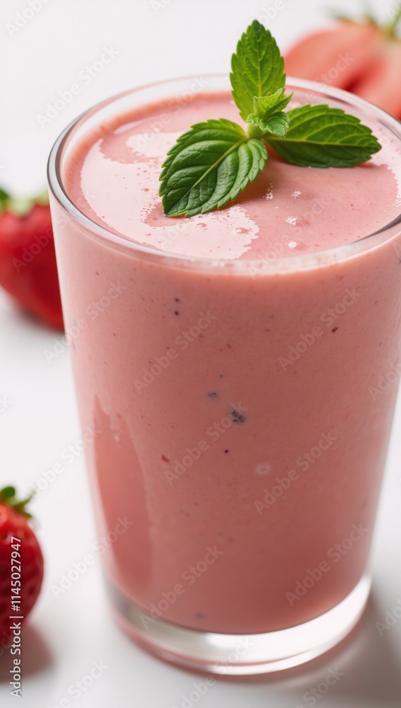 A strawberry smoothie glass adorned with fresh mint garnish A strawberry smoothie glass adorned with fresh mint garnish