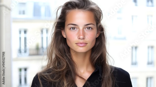 Natural beauty portrait of a young woman with long brunette hair in a bright cityscape, expressing serenity and modern charm, ideal for beauty and lifestyle photography Free Download Natural beauty portrait of a young woman with long brunette hair in a bright cityscape, expressing serenity and modern charm, ideal for beauty and lifestyle photography - GFXLoad