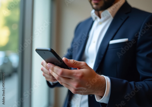 man earns media business photos wearing formal clothes using smartphones promotions public