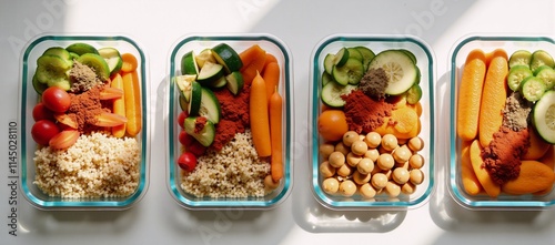 Vegan meal prep Quinoa roasted veggies chickpeas ready for weekly lunch boxes