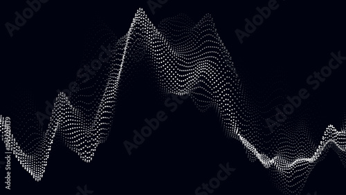 Wave of flowing particles on dark background. Abstract backdrop with dynamic elements of waves and dots. Vector
