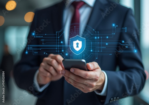 man uses smartphone show protect network unauthorized access firewall formal business