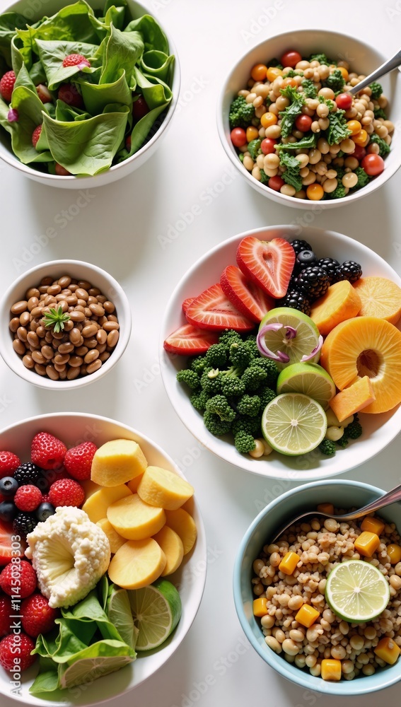 A vibrant vegan spread showcasing fresh salad bowls grain dishes colorful fruit plates in honor of World Vegan Day A vibrant vegan spread showcasing fresh salad bowls grain dishes colorful fruit plates in honor of World Vegan Day