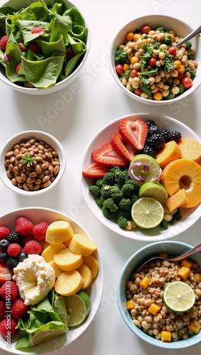 A vibrant vegan spread showcasing fresh salad bowls grain dishes  colorful fruit plates in honor of World Vegan Day photo