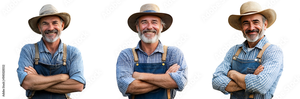 Set of a, A middle-aged farmer, wearing overalls and a hat, stands with arms crossed, smiling at the cameraisolated on a clean white background. Set of a, A middle-aged farmer, wearing overalls and a hat, stands with arms crossed, smiling at the cameraisolated on a clean white background.