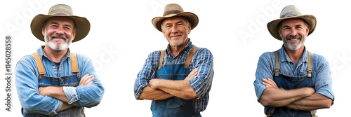 Set of a, A middle-aged farmer, wearing overalls and a hat, stands with arms crossed, smiling at the cameraisolated on a clean white background. photo