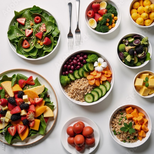 A vibrant vegan spread showcasing fresh salad bowls grain dishes  colorful fruit plates in honor of World Vegan Day photo