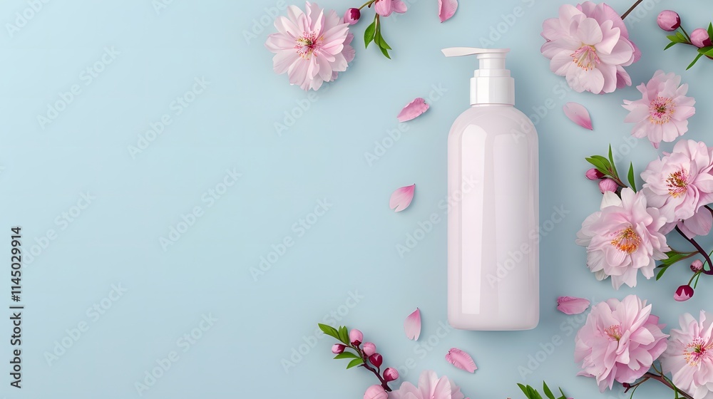 White pump bottle surrounded by pink flowers on pastel blue background. Stylish flat lay composition for skincare and beauty branding. White pump bottle surrounded by pink flowers on pastel blue background. Stylish flat lay composition for skincare and beauty branding.
