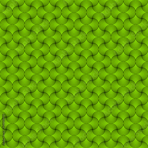 Green square background. Seamless pattern with outline blended rounds, small petal shape. Ornate tile design