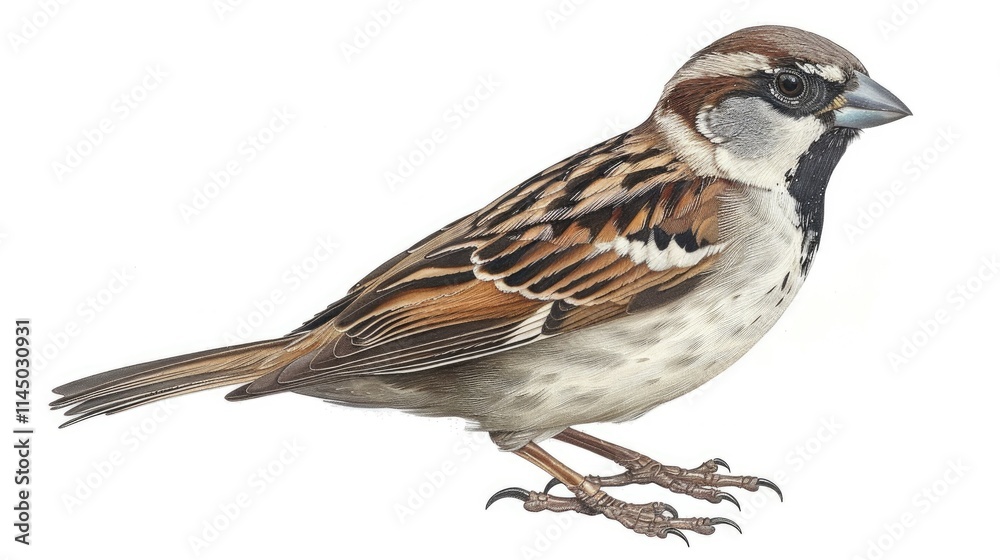 A detailed illustration of a sparrow, showcasing its distinct features and colors.