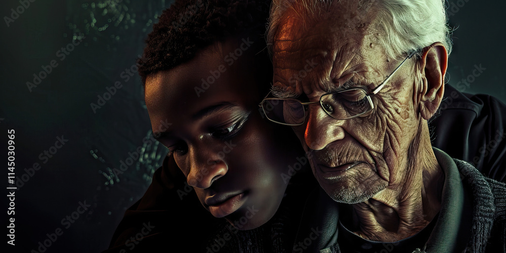 Close-up Portrait of Elderly Man and Young Boy Close-up Portrait of Elderly Man and Young Boy