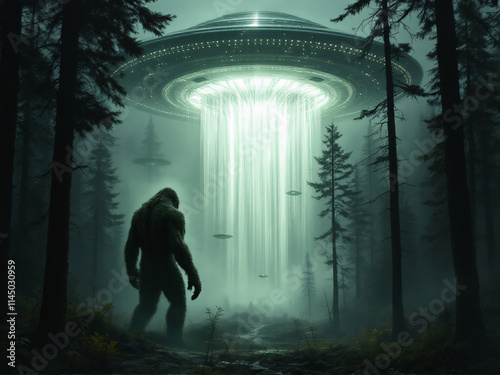 Bigfoot and UFO in dark forest photo