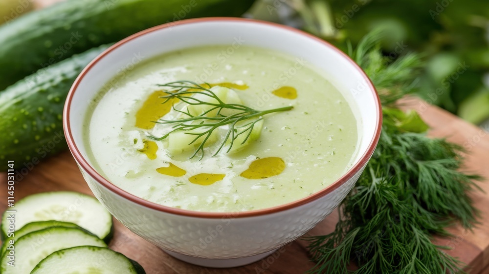 A plate of chilled cucumber soup. The soup is light green in color, it has small pieces of cucumber. The soup is sprinkled with sprigs of fresh dill and sprinkled with olive oil. A plate of chilled cucumber soup. The soup is light green in color, it has small pieces of cucumber. The soup is sprinkled with sprigs of fresh dill and sprinkled with olive oil.