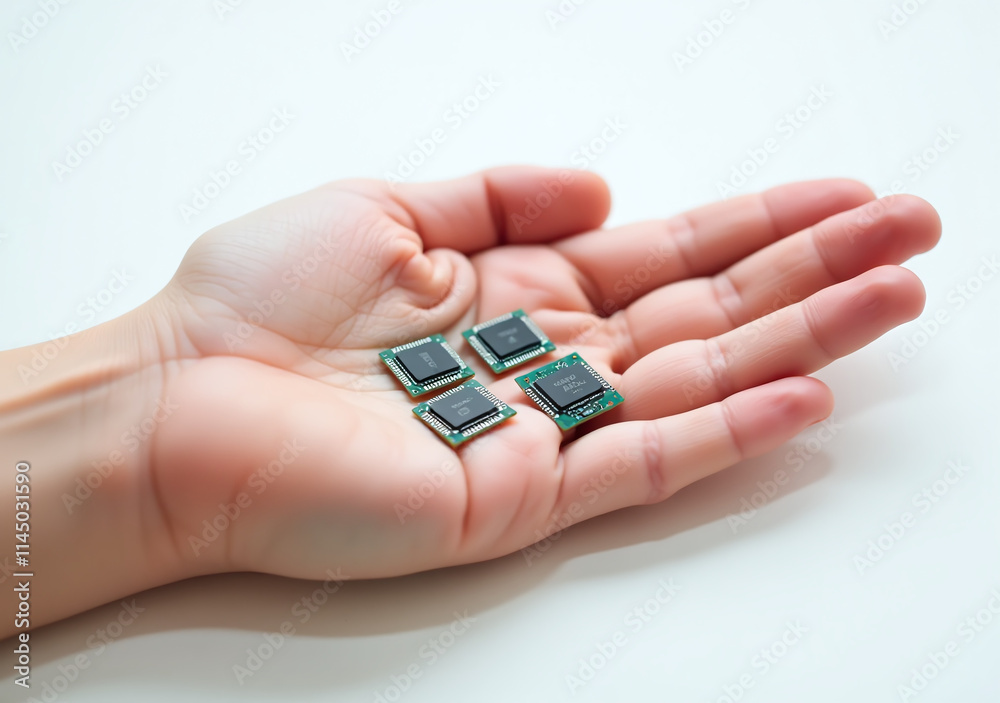 Fototapeta premium tiny computer processors sit palm hand white colored