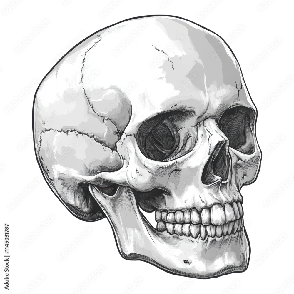 Obraz premium Intricate human skull illustration, devoid of mandible, high-resolution PNG, transparent backdrop, ideal for educational and artistic uses