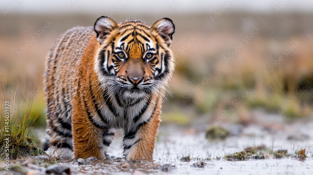 Obraz premium A young tiger cub with wet fur walks through a muddy wetland, looking directly forward under an overcast sky.