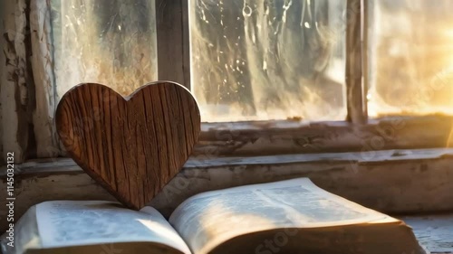 An open bible with a wooden heart rests on a windowsill, bathed in sunlight. Perfect for religious, spiritual, or inspirational projects.. AI Generation