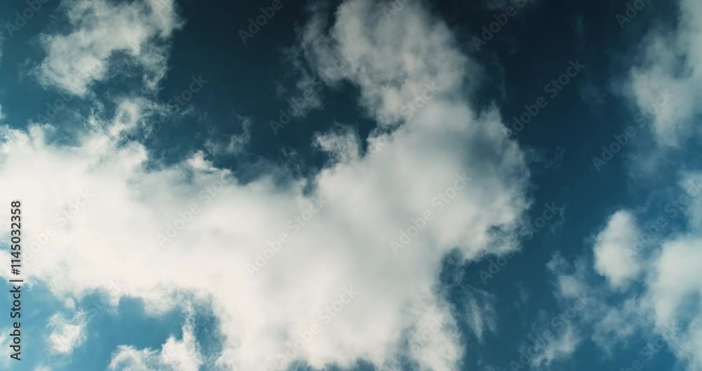 Timelapse of relaxing view of blue sky with fast moving fluffy cumulus clouds changing shapes and creating beautiful dynamic abstract images