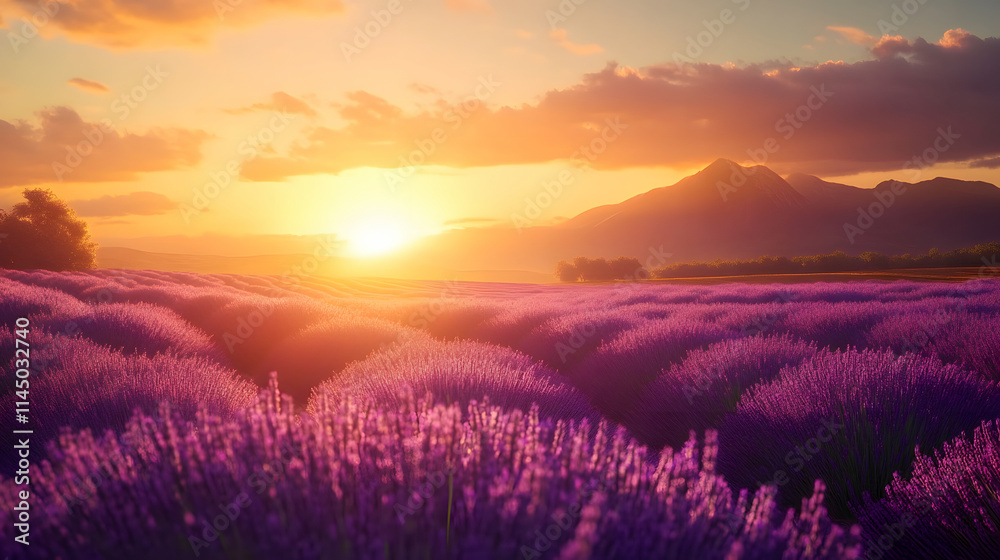 Sunrise over fields of lavender in Provence, France. Sunrise over fields of lavender in Provence, France.