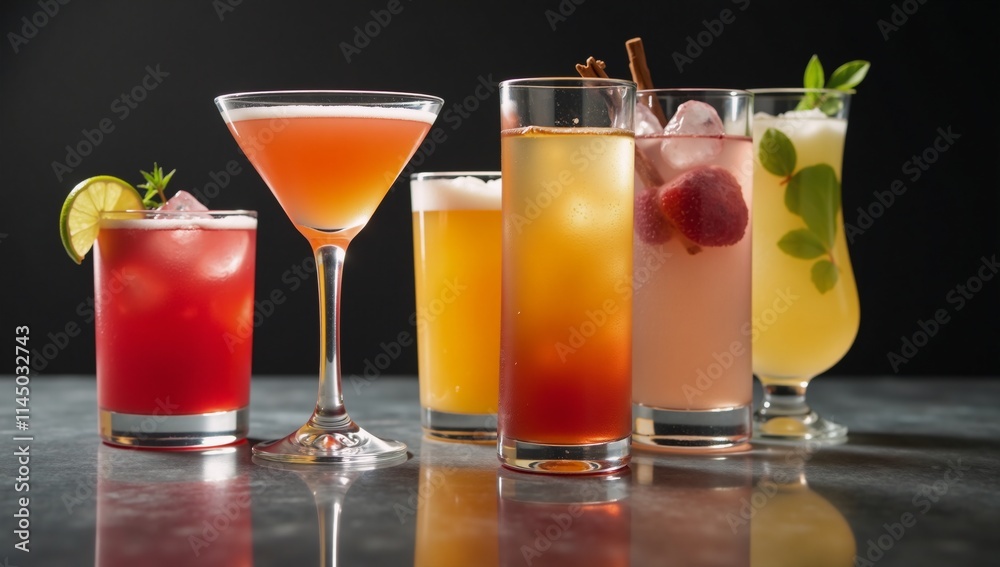 Vibrant array of drinks displayed on polished bar top Vibrant array of drinks displayed on polished bar top